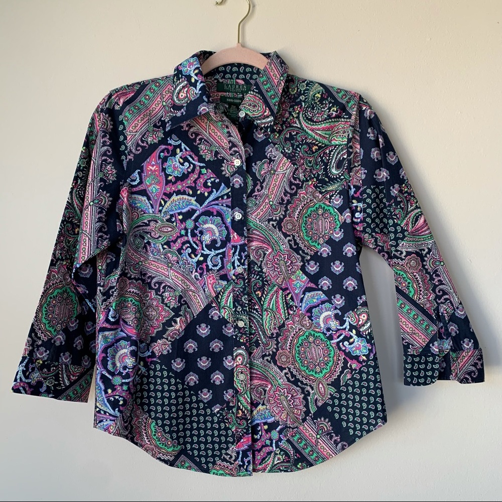 Lauren Ralph Lauren Vintage Button Front Shirt Paisley Floral Geometric Sz Pet M